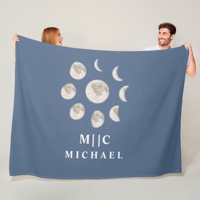 simple modern moon monogram personalised fleece blanket (In Situ)