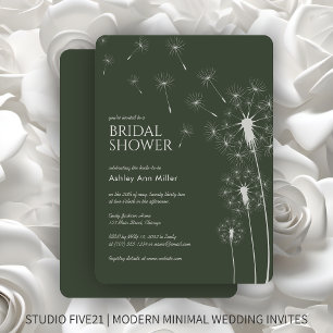 Simple Modern Moss Green Dandelion Bridal Shower Invitation