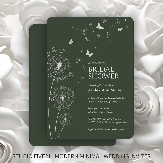Simple Modern Moss Green Dandelion Bridal Shower Invitation (Creator Uploaded)