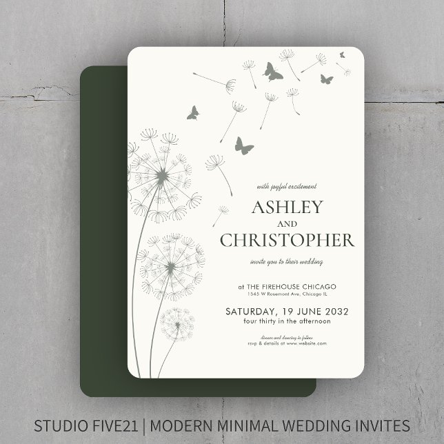 Simple Modern Moss Green Dandelion Wedding Invitation (Creator Uploaded)