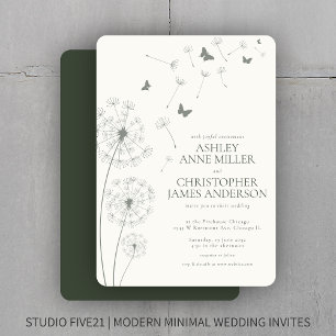 Simple Modern Moss Green Dandelion Wedding Invitation