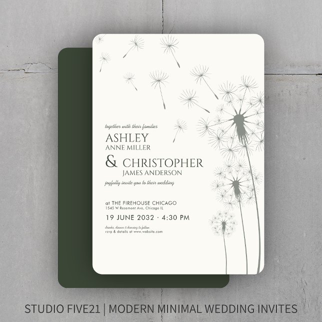 Simple Modern Moss Green Dandelion Wedding Invitation (Creator Uploaded)
