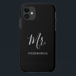 Simple Modern Mr Groom Newlywed Elegant Case-Mate iPhone Case<br><div class="desc">Simple phone case with "Mr." in an elegant script along with your last name in white over a black background.  This modern phone case makes a great wedding gift for a groom.</div>