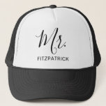 Simple Modern Mr Groom Newlywed Elegant Trucker Hat<br><div class="desc">Simple trucker hat with "Mr." in an elegant script along with your last name in black over a white background.  This modern trucker hat makes a great wedding gift for a groom to wear on his honeymoon.</div>