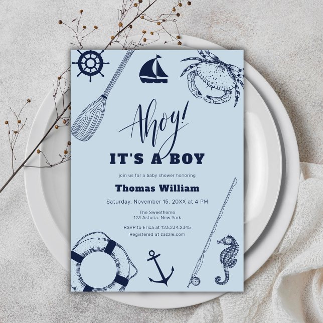 Simple Modern Nautical Fishing Boy Baby Shower  Invitation (Simple Modern Nautical Fishing Boy Baby Shower Invitation)