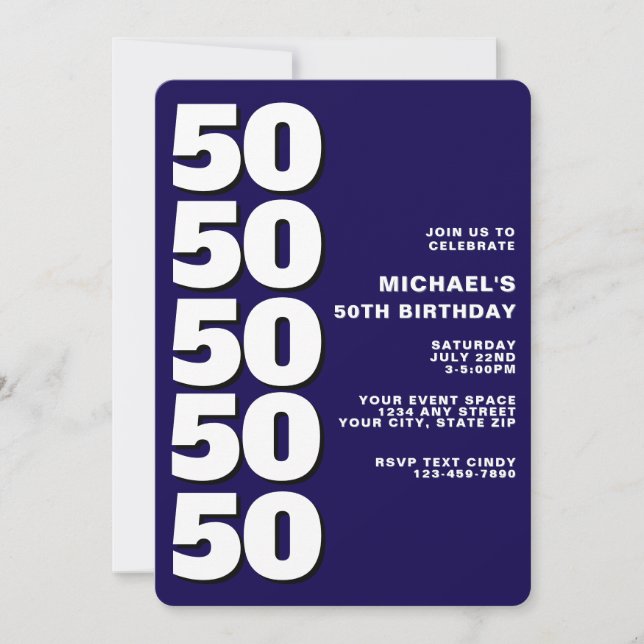 Simple Modern Navy Blue 50th Birthday Invitation (Front)