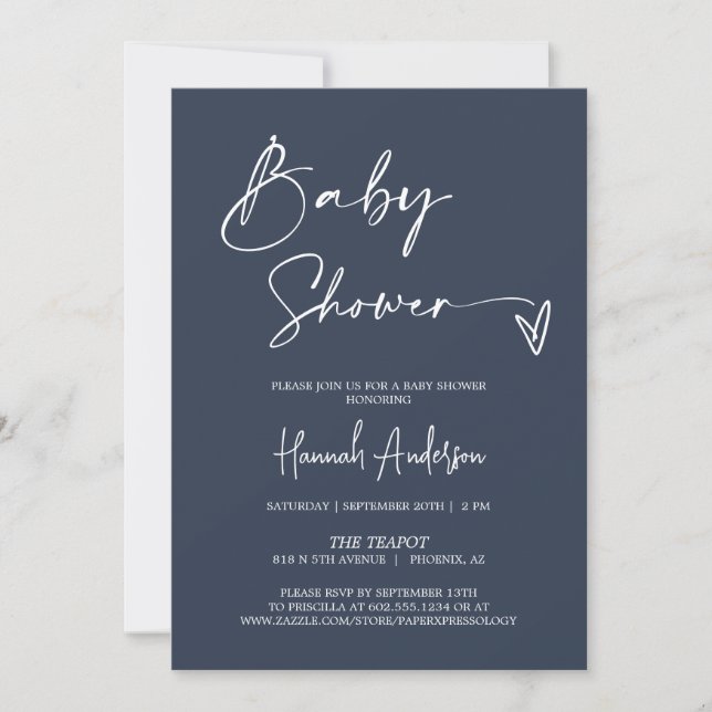 Simple Modern Navy Blue Baby Shower QR Code Photo Invitation (Front)