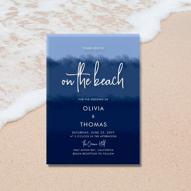 Simple Modern Navy Blue Calligraphy Beach Wedding Invitation (Creator Uploaded)
