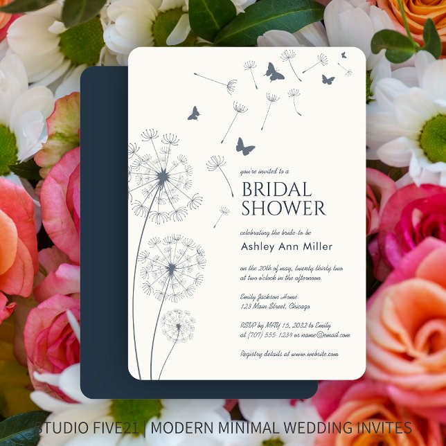 Simple Modern Navy Blue Dandelion Bridal Shower Invitation (Creator Uploaded)
