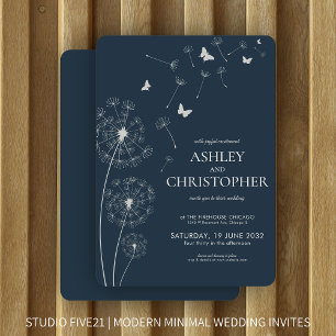 Simple Modern Navy Blue Dandelion Wedding Invitation