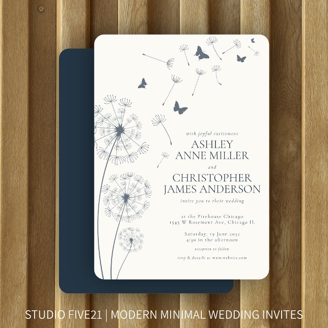 Simple Modern Navy Blue Dandelion Wedding Invitation (Creator Uploaded)