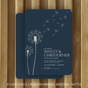 Simple Modern Navy Blue Dandelion Wedding Invitation