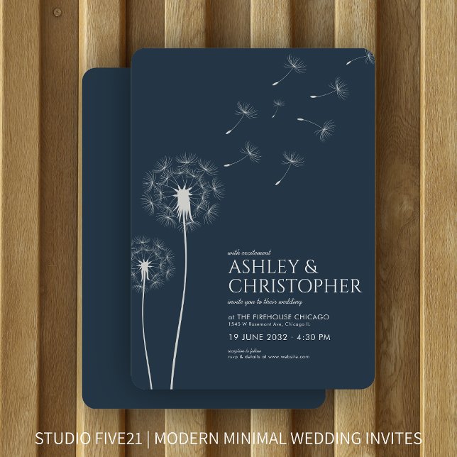 Simple Modern Navy Blue Dandelion Wedding Invitation (Creator Uploaded)