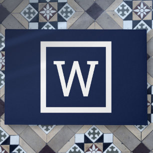 Simple Modern Navy Blue Graphic Border Monogram Doormat