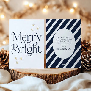 Simple Modern Navy Blue Stripes Merry and Bright Holiday Card