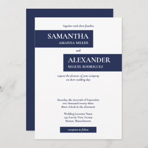 Simple Modern Navy Blue White Geometric Wedding Invitation