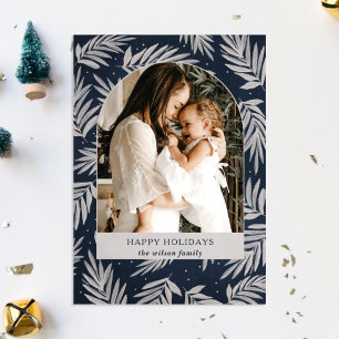 Simple Modern Navy Branches Arch Photo Holiday Card