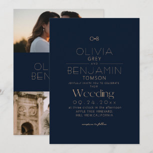 SIMPLE MODERN NAVY GOLD 2 PHOTO WEDDING INVITATION