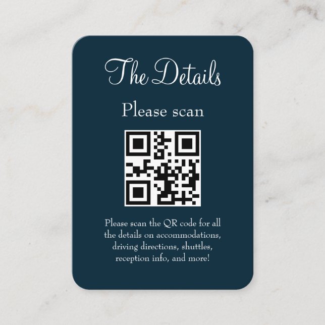Simple Modern Navy Wedding Details with QR Code Enclosure Card (Front)