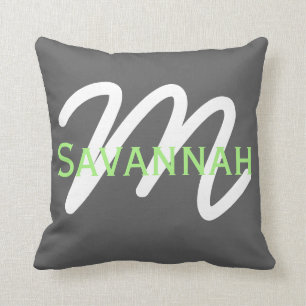 Simple Modern Neon Lime Green & Grey Monogram Cushion