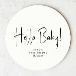 Simple Modern Neutral Baby Shower Hello Baby Round Paper Coaster<br><div class="desc">Celebrate your little one with our simple modern neutral baby shower hello baby round paper coaster, featuring a minimalist black-and-white design that is modern and pretty. With its clean, boho-inspired aesthetic, the contemporary, gender-neutral vibe is perfect for welcoming a baby boy or girl in any season—whether it's fall, winter, spring,...</div>