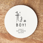 Simple Modern Neutral Baby Shower It's a Boy Round Paper Coaster<br><div class="desc">Celebrate your little one with our simple modern neutral baby shower it's a boy round paper coaster, featuring a minimalist black-and-white design that is modern and pretty. With its clean, boho-inspired aesthetic, the contemporary, gender-neutral vibe is perfect for welcoming a baby boy or girl in any season—whether it's fall, winter,...</div>