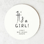Simple Modern Neutral Baby Shower It's a Girl Round Paper Coaster<br><div class="desc">Celebrate your little one with our simple modern neutral baby shower it's a girl round paper coaster, featuring a minimalist black-and-white design that is modern and pretty. With its clean, boho-inspired aesthetic, the contemporary, gender-neutral vibe is perfect for welcoming a baby boy or girl in any season—whether it's fall, winter,...</div>