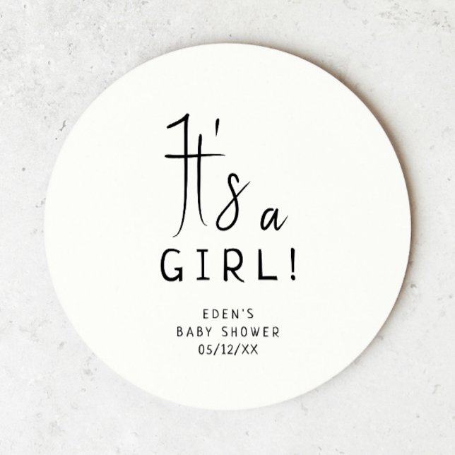 Simple Modern Neutral Baby Shower It's a Girl Round Paper Coaster (Creator Uploaded)