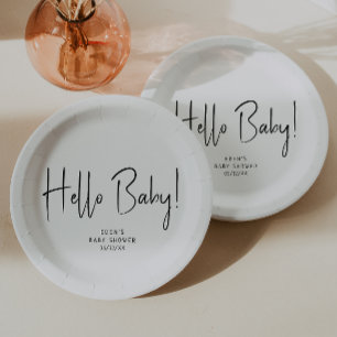 Simple Modern Neutral Hello Baby! Baby Shower Paper Plate