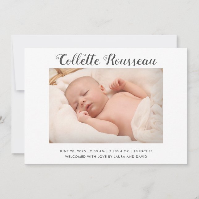 Simple Modern Newborn Baby Photo Birth Stats  Announcement (Front)