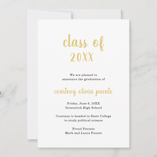 Simple Modern Non Photo Gold Graduation Announcement (Front)