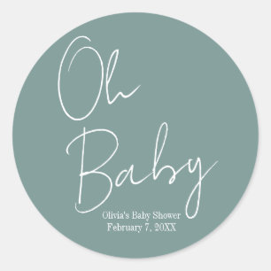 Simple Modern Oh Baby Sage Green Baby Shower Classic Round Sticker