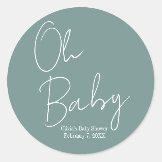 Simple Modern Oh Baby Sage Green Baby Shower Classic Round Sticker