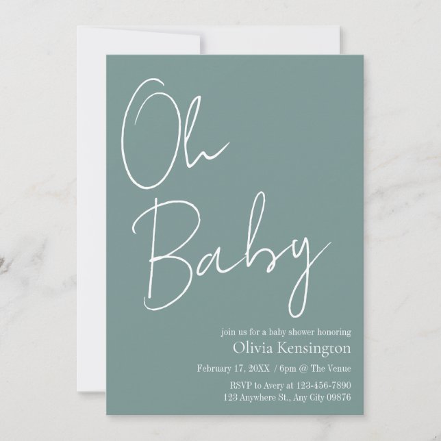 Simple Modern Oh Baby Sage Green Baby Shower Invitation (Front)