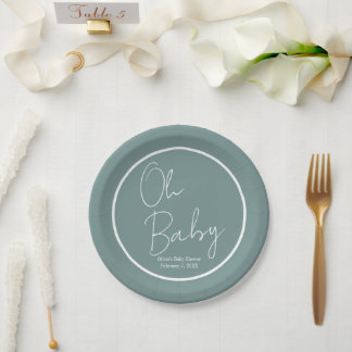 Simple Modern Oh Baby Sage Green Baby Shower Paper Plate