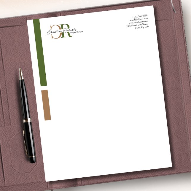 Simple Modern Olive Green Gold Monogram Custom Letterhead (Creator Uploaded)
