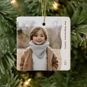 Simple modern one photo wavy edge neutral holiday ceramic ornament