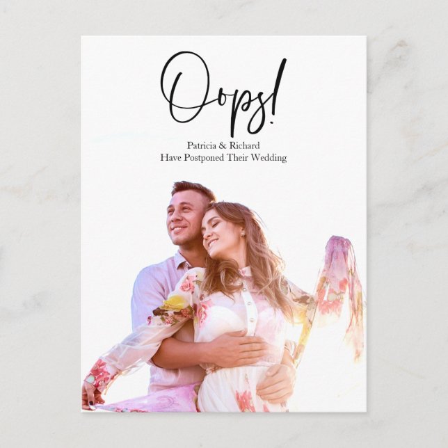 Simple Modern Oops Wedding Postponed Announcement Postcard (Front)