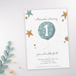 Simple Modern Orange Blue Balloon 1st Birthday Invitation