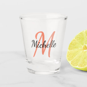 Simple Modern Orange Monogrammed Name + Initial Shot Glass