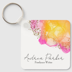 Simple Modern Orange Pink QR Code Square Business Key Ring