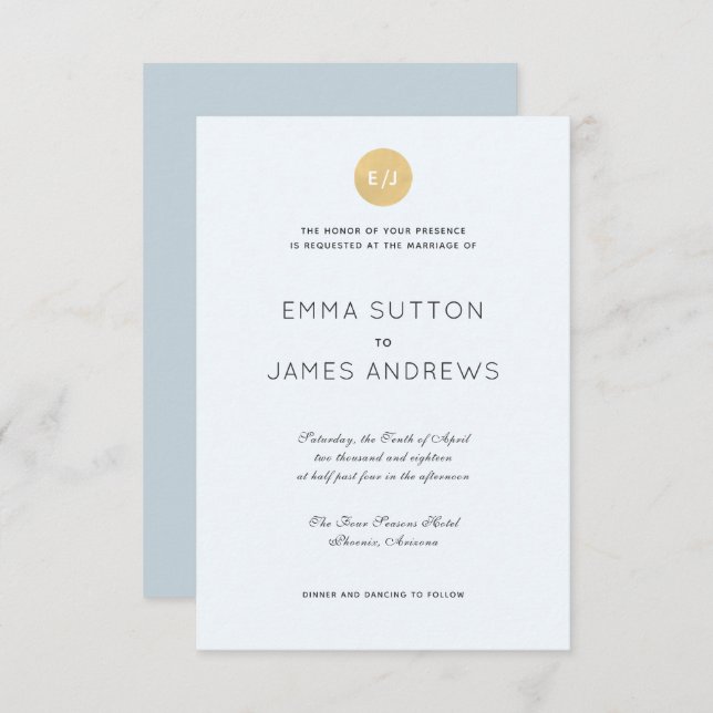 Simple Modern Pale Blue Gold Wedding Invitation (Front/Back)