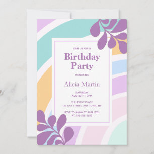 Simple Modern Pastel Rainbow Leaf Birthday Party Invitation