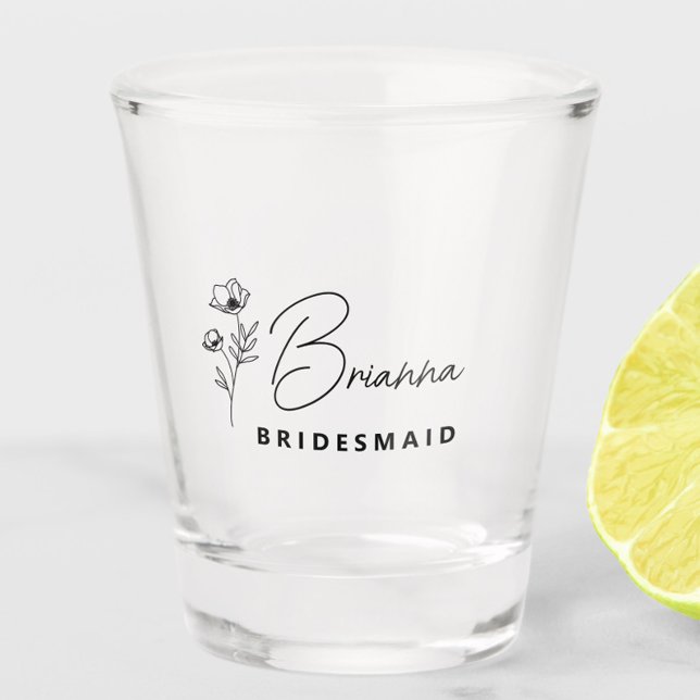 Simple Modern Personalised Bridesmaid Floral Shot Glass (bridesmaid shot glass with name, wildflower floral bridesmaid gifts, bachelorette favors)