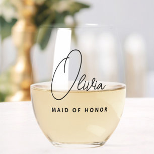 Simple Modern Personalised Maid of Honour Stemless Wine Glass