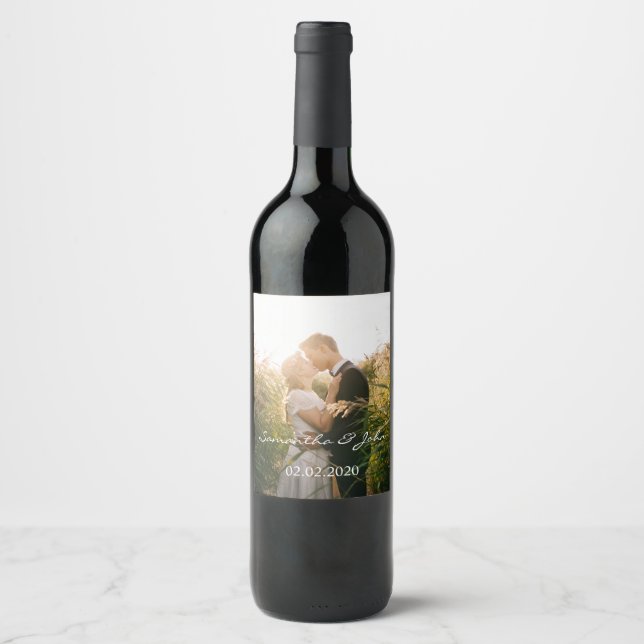 Simple Modern Personalised Wedding Photo Wine Label (Front)
