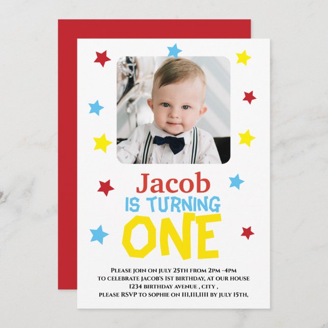 Simple modern photo 1st birthday Invitation (Front/Back)