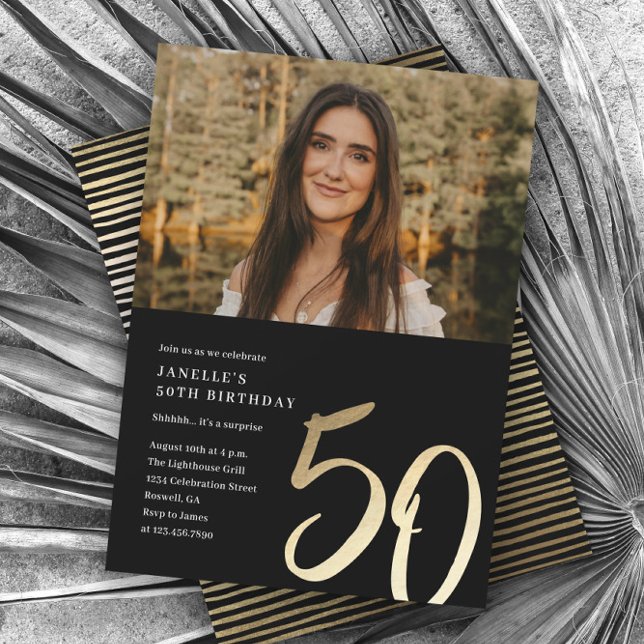 Simple Modern Photo 50th Birthday Invitation (Modern Simple Black and Gold Photo 50th Birthday Party Invitation.)