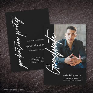 Simple Modern Photo Black Script Graduation Party Invitation