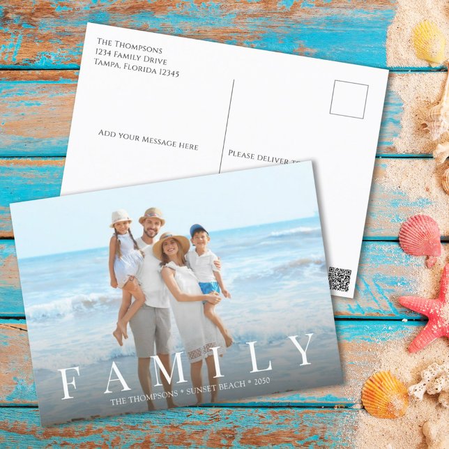 Simple Modern Photo Family Minimalist Custom Holiday Postcard (A simple photo postcard with FAMILY typography in a simple block style lettering.)